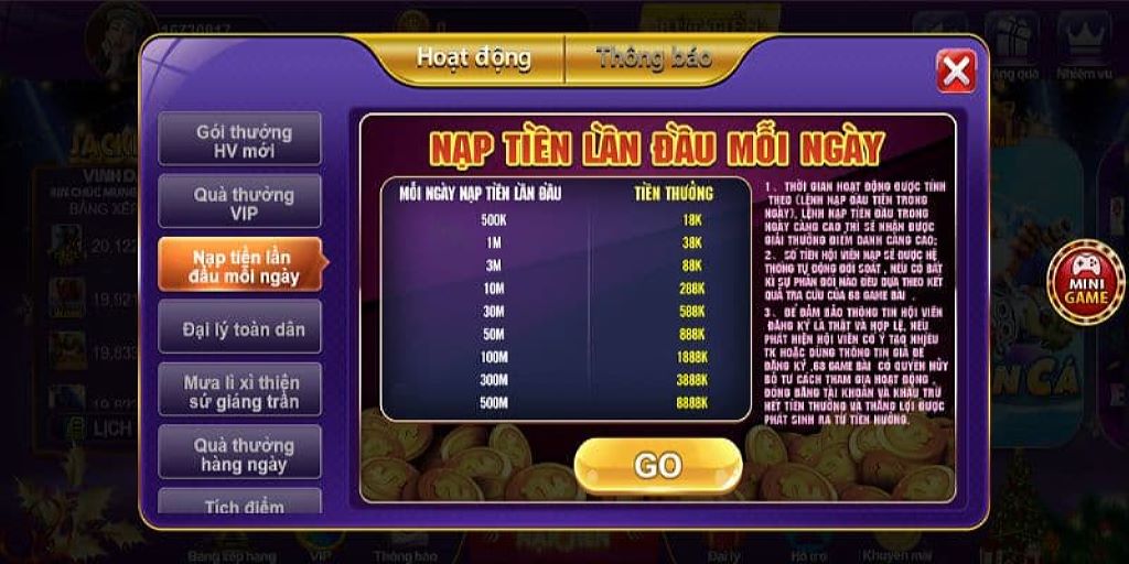 Ứng dụng game bài tặng code thưởng nạp hàng ngày cho hội viên