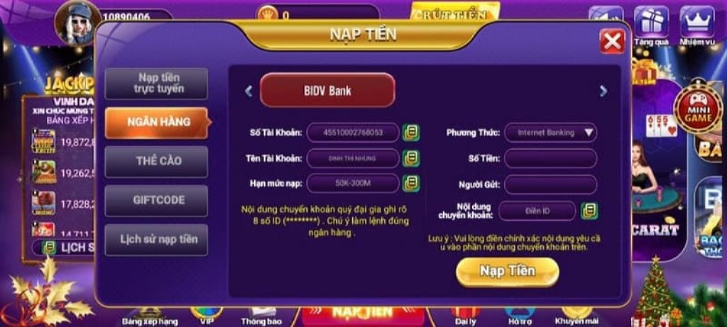 Ứng dụng game bài cung cấp đa dạng các phương thức gửi tiền để người chơi chọn