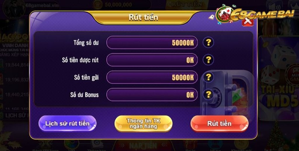 Giao diện rút tiền 68 game bài